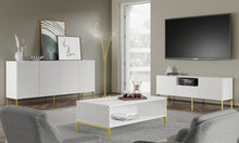Load image into Gallery viewer, Surf TV Cabinet 150cm Arte-N SURF-RTV150-WM W150cm x H56cm x D42cm Colour: White Black Two Hinged Doors [Push-To-Open System] One Drawer One Open Compartment Cable Management System Gold Metal Legs Matching Furniture Available  MDF Fronts Made from 16mm high-quality laminated board Assembly Required Weight: 33kg Estimated Direct Home Delivery Time: 3 - 4 Weeks