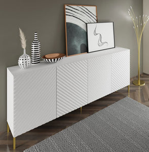 Surf Large Sideboard Cabinet 200cm Arte-N SURF-C2004D-WM W200cm x H87cm x D42cm Colour: White Black Four Hinged Doors Four Shelves Push-To-Open System Gold Metal Legs Matching Furniture Available  MDF Fronts Made from 16mm high-quality laminated board Assembly Required Weight: 65kg Estimated Direct Home Delivery Time: 3 - 4 Weeks