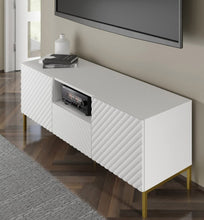 Load image into Gallery viewer, Surf TV Cabinet 150cm Arte-N SURF-RTV150-WM W150cm x H56cm x D42cm Colour: White Black Two Hinged Doors [Push-To-Open System] One Drawer One Open Compartment Cable Management System Gold Metal Legs Matching Furniture Available  MDF Fronts Made from 16mm high-quality laminated board Assembly Required Weight: 33kg Estimated Direct Home Delivery Time: 3 - 4 Weeks
