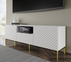 Surf TV Cabinet 150cm Arte-N SURF-RTV150-WM W150cm x H56cm x D42cm Colour: White Black Two Hinged Doors [Push-To-Open System] One Drawer One Open Compartment Cable Management System Gold Metal Legs Matching Furniture Available  MDF Fronts Made from 16mm high-quality laminated board Assembly Required Weight: 33kg Estimated Direct Home Delivery Time: 3 - 4 Weeks