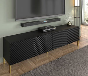 Surf TV Cabinet 200cm Arte-N SURF-RTV200-4D-WM W200cm x H56cm x D42cm Colour: White Black Four Hinged Doors [Push-To-Open System] Gold Metal Legs Matching Furniture Available  MDF Fronts Made from 16mm high-quality laminated board Assembly Required Weight: 45kg Estimated Direct Home Delivery Time: 3 - 4 Weeks