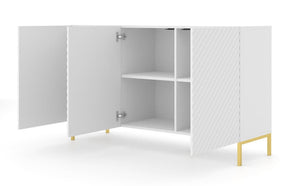 Surf Sideboard Cabinet 150cm Arte-N SURF-C3D-150-WM W150cm x H87cm x D42cm Colour: White Black Three Hinged Doors Three Shelves Push-To-Open System Gold Metal Legs Matching Furniture Available  MDF Fronts Made from 16mm high-quality laminated board Assembly Required Weight: 38kg Estimated Direct Home Delivery Time: 3 - 4 Weeks