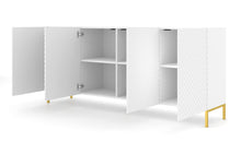 Load image into Gallery viewer, Surf Large Sideboard Cabinet 200cm Arte-N SURF-C2004D-WM W200cm x H87cm x D42cm Colour: White Black Four Hinged Doors Four Shelves Push-To-Open System Gold Metal Legs Matching Furniture Available  MDF Fronts Made from 16mm high-quality laminated board Assembly Required Weight: 65kg Estimated Direct Home Delivery Time: 3 - 4 Weeks