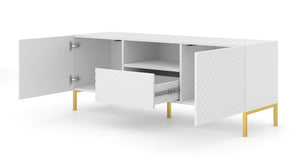 Surf TV Cabinet 150cm Arte-N SURF-RTV150-WM W150cm x H56cm x D42cm Colour: White Black Two Hinged Doors [Push-To-Open System] One Drawer One Open Compartment Cable Management System Gold Metal Legs Matching Furniture Available  MDF Fronts Made from 16mm high-quality laminated board Assembly Required Weight: 33kg Estimated Direct Home Delivery Time: 3 - 4 Weeks