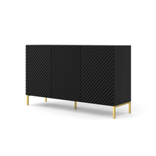 Load image into Gallery viewer, Surf Sideboard Cabinet 150cm Arte-N SURF-C3D-150-WM W150cm x H87cm x D42cm Colour: White Black Three Hinged Doors Three Shelves Push-To-Open System Gold Metal Legs Matching Furniture Available  MDF Fronts Made from 16mm high-quality laminated board Assembly Required Weight: 38kg Estimated Direct Home Delivery Time: 3 - 4 Weeks