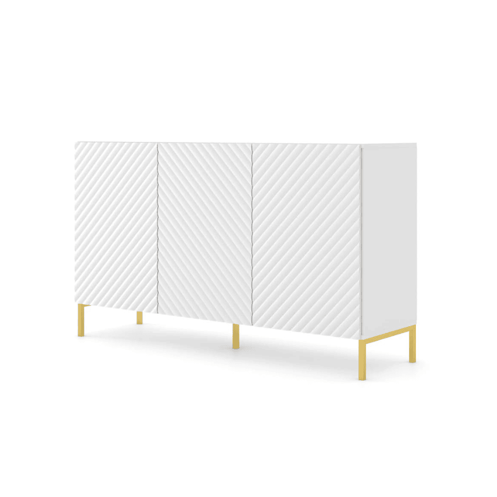 Surf Sideboard Cabinet 150cm Arte-N SURF-C3D-150-WM W150cm x H87cm x D42cm Colour: White Black Three Hinged Doors Three Shelves Push-To-Open System Gold Metal Legs Matching Furniture Available  MDF Fronts Made from 16mm high-quality laminated board Assembly Required Weight: 38kg Estimated Direct Home Delivery Time: 3 - 4 Weeks