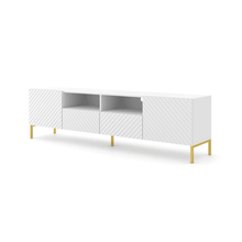 Load image into Gallery viewer, Surf TV Cabinet 200cm Arte-N SURF-RTV200-WM W200cm x H56cm x D42cm Colour: White Two Hinged Doors [Push-To-Open System] Two Drawers Two Open Compartment Cable Management System Gold Metal Legs Matching Furniture Available MDF Fronts Made from 16mm high-quality laminated board Assembly Required Weight: 48kg Estimated Direct Home Delivery Time: 3 - 4 Weeks