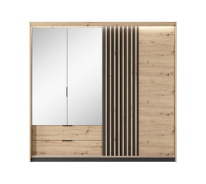 Tally Hinged Door Wardrobe 220cm Arte-N TALLY-A-ANTH W220cm x H211cm x D60cm Colour: Oak Artisan Anthracite Four Hinged Doors [Two Mirrored] Four Shelves Two Hanging Rails Two Drawers ABS Edging Optional LED Lighting Black Metal Hles Matching Furniture Available Made from 16mm high-quality laminated board Assembly Required Weight: 191kg Estimated Direct Home Delivery Time: 3 - 5 Weeks
