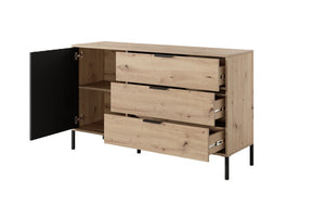Tally Chest Of Drawers 138cm Arte-N TALLY-B-ANTH W138cm x H82cm x D40cm Colour: Oak Artisan Anthracite One Hinged Door One Shelf Three Drawers Black Metal Hles Black Metal Legs Matching Furniture Available Made from 16mm high-quality laminated board Assembly Required Weight: 44kg Estimated Direct Home Delivery Time: 3 - 5 Weeks