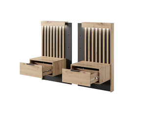 Tally Bedside Tables 51cm [Set Of Two] Arte-N TALLY-D-ANTH W51cm x H104cm x D40cm Colour: Oak Artisan Anthracite Two Bedside Tables One Drawer LED Lighting Included Matching Furniture Available Made from 16mm high-quality laminated board Assembly Required Weight: 37kg Estimated Direct Home Delivery Time: 3 - 5 Weeks