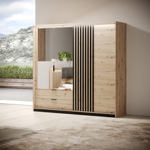 Load image into Gallery viewer, Tally Hinged Door Wardrobe 220cm Arte-N TALLY-A-ANTH W220cm x H211cm x D60cm Colour: Oak Artisan Anthracite Four Hinged Doors [Two Mirrored] Four Shelves Two Hanging Rails Two Drawers ABS Edging Optional LED Lighting Black Metal Hles Matching Furniture Available Made from 16mm high-quality laminated board Assembly Required Weight: 191kg Estimated Direct Home Delivery Time: 3 - 5 Weeks