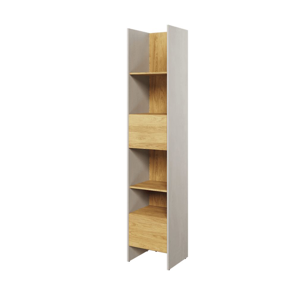 Teen Flex TF-02 Bookcase 44cm Arte-N TEEN FLEX TF-02 W44cm x H218cm x D40cm Colour: Silk Flou Oak Hickory Two Shelves One Drawer One Closed Compartment Weight: 43kg Matching Furniture Available Made from 16mm high-quality laminated board Assembly Required Estimated Direct Home Delivery Time: 3-4 Weeks