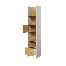 Load image into Gallery viewer, Teen Flex TF-02 Bookcase 44cm Arte-N TEEN FLEX TF-02 W44cm x H218cm x D40cm Colour: Silk Flou Oak Hickory Two Shelves One Drawer One Closed Compartment Weight: 43kg Matching Furniture Available Made from 16mm high-quality laminated board Assembly Required Estimated Direct Home Delivery Time: 3-4 Weeks