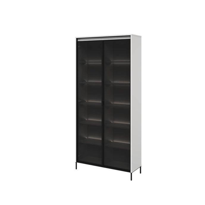 Trend TR-07 Tall Display Cabinet 92cm Arte-N TREND TR-07-BM 
Dimensions: W193cm x H196cm x D34cm
Two Hinged Doors [Partially Glassed]
Push-To-Open System

Ten Shelves

Optional LED Lighting [Purchased Separately]
Black Metal Legs
Weight: 80kg
Matching Furniture Available 
Made from 16mm high-quality laminated board
Assembly Required
See 