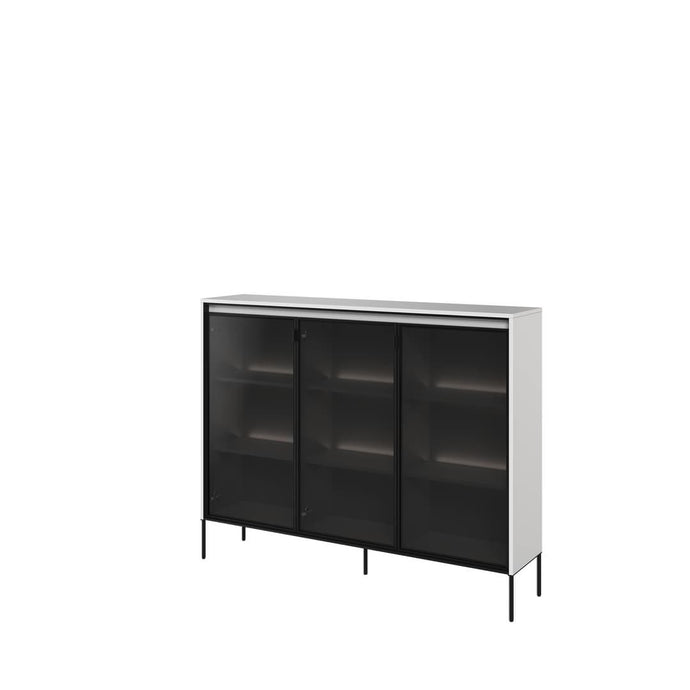 Trend TR-08 Display Cabinet 150cm Arte-N TREND TR-08-BM 
Dimensions: W150cm x H118cm x D34cm
Three Hinged Doors [Partially Glassed]
Push-To-Open System

Six Shelves

Optional LED Lighting [Purchased Separately]
Black Metal Legs
Weight: 83kg
Matching Furniture Available 
Made from 16mm high-quality laminated board
Assembly Required
See 