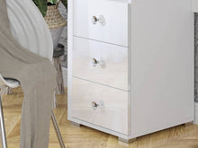 Load image into Gallery viewer, Diva 49 Dressing Table Arte-N 2497KB49 The beautiful contemporary Diva dressing table features a stunning white gloss finish which will make it the perfect feature in any modern décor. This dressing table is made from 16mm laminated board has a built-in mirror, LED lights, shelving space three drawers for ample storage. It will be an excellent choice for any bedroom. W120cm x H136cm x D40cm Colour: White Three Drawers Open Compartment Mirror LED Lighting Included Made from 16mm high-quality laminated board 