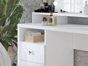 Diva 49 Dressing Table Arte-N 2497KB49 The beautiful contemporary Diva dressing table features a stunning white gloss finish which will make it the perfect feature in any modern décor. This dressing table is made from 16mm laminated board has a built-in mirror, LED lights, shelving space three drawers for ample storage. It will be an excellent choice for any bedroom. W120cm x H136cm x D40cm Colour: White Three Drawers Open Compartment Mirror LED Lighting Included Made from 16mm high-quality laminated board 