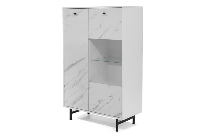 Veroli 05 Display Cabinet 90cm Arte-N VEROLI-VR-05-W 
Dimensions: W90cm x H140cm x D41cm
Colour:

White Marble & White Matt
Black Marble & Black Matt

Two Hinged Doors [One Partially Glassed]
Five Shelves [Two Glass]
Metal Handles
Metal Legs
Weight: 43kg
Matching Furniture Available
Made from 16mm high-quality laminated board
Assembly Required
See 