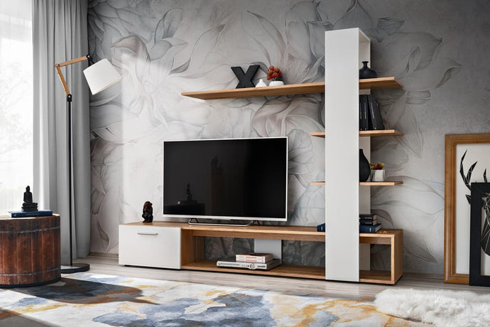 Eco Entertainment Media Wall Unit Arte-N WTW EC W190cm x H152cm x D35cm Colour: Oak Wotan Black Oak Wotan White Three Shelves One Pull-Down Door Open Compartment Made from 16mm high-quality laminated board Assembly Required Weight: 38kg Estimated Direct Home Delivery Time: 3-5 Weeks Fixings for wall mounting are not provided as specific ones will be required for your type of wall