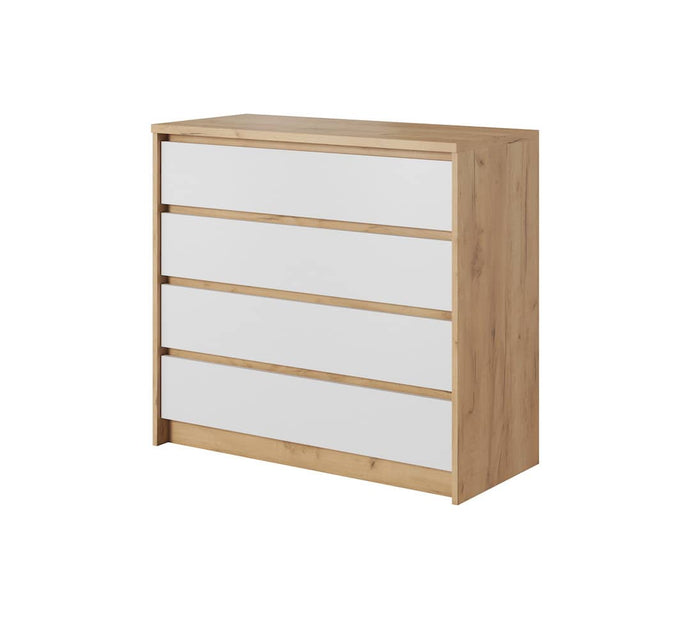 Xelo Chest Of Drawers 93cm Arte-N XELO-F-OGW 
Dimensions: W93cm x H90cm x D41cm
Colour: White & Oak Golden
Four Drawers

ABS Edging
Matching Furniture Available
Made from 16mm high-quality laminated board
Assembly Required
Weight: 38kg
See 
