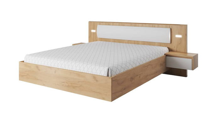 Xelo Bed Frame With Bedside Cabinets [EU King] Arte-N XELO-G-OGW-SL 
Dimensions: W256cm x H92cm x D208cm
Bed Size: 160 x 200cm [EU King]
Colour: White & Oak Golden
Two Bedside Cabinets
LED Lighting Included
Mattress Not Included [Purchased Separately]
ABS Edging
Matching Furniture Available
Made from 16mm high-quality laminated board
Assembly Required
Weight: 102kg
See 
