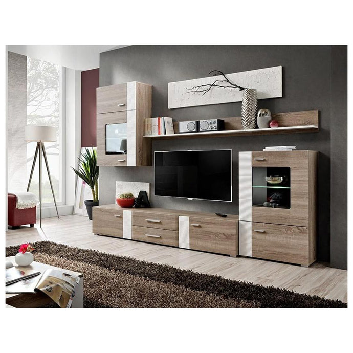 Aleppo Entertainment Media Wall Unit Arte-N 24 DTW AL This entertainment centre is perfect for almost any room in your home. With plenty of storage space in the form of compartments, drawers shelves, you can stylishly display prized possessions or store media accessories, all without having to worry about running out of space. The neutral colours allow this unit to blend easily with most decor so it can be used in the living room as well as a large bedroom. Colour: Oak Teufel, White Gloss Rifle (MDF) Modern