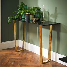 Load image into Gallery viewer, Antibes Console Table LPD ANTCONS* 5036464058771 MDF High Gloss Colour: Black Dimensions: 760mm x 1200mm x 400mm Giving your living area or hallway a truly luxurious feel, the new Antibes Console Table will leave your home feeling more opulent and at a sensible price. A Sleek, black, high gloss top rests artistically on finished polished gold openwork legs. Add the dining table and stunning cantilever chairs to complete the look. Designed with such perfect balance and strong, statement materials, this styli