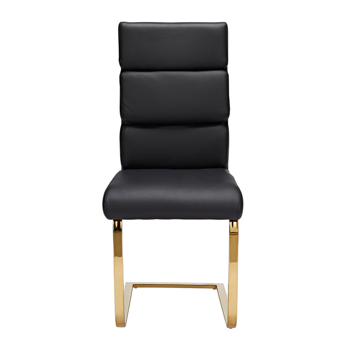 Antibes Dining Chair Black (Pack of 2) LPD ANTIBESBLA 5036464058689 Faux Leather Colour: Black Dimensions: 950mm x 430mm x 640mm Giving your living or dining area a truly luxurious feel, the new Antibes Dining Chairs will leave your home feeling more opulent and at a sensible price. Sleek black faux leather encompasses the triple cushioned back rest and padded seat. Finished with polished gold cantilever legs, these stunning chairs appear to defy gravity with their one-sided supports. Designed with such per
