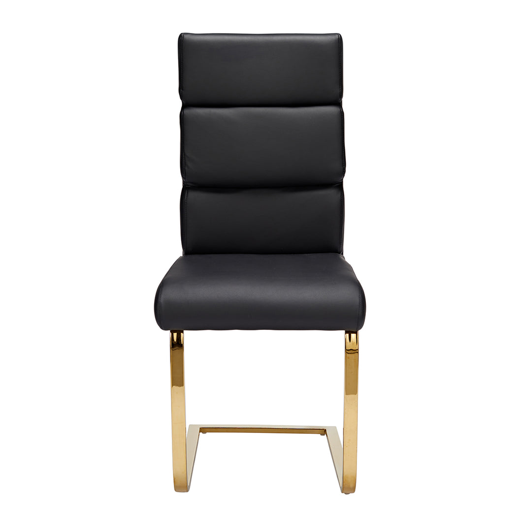 Antibes Dining Chair Black (Pack of 2) LPD ANTIBESBLA 5036464058689 Faux Leather Colour: Black Dimensions: 950mm x 430mm x 640mm Giving your living or dining area a truly luxurious feel, the new Antibes Dining Chairs will leave your home feeling more opulent and at a sensible price. Sleek black faux leather encompasses the triple cushioned back rest and padded seat. Finished with polished gold cantilever legs, these stunning chairs appear to defy gravity with their one-sided supports. Designed with such per