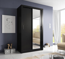 Load image into Gallery viewer, Arti 6 - 2 Sliding Door Wardrobe 120cm Arte-N ARTI AR-06-G Using minimal floor space, the Arti 6-2 is designed for small homes studio apartments. Two sliding doors are featured behind which a pair of compartments, two hanging sections three removable shelves can be found. Personalized internal arrangement is possible. The wardrobe is available in four colours – white, black, grey oak. W120cm x H215cm x D60cm Two Sliding Doors Mirror Two Hanging Rails Five Shelves Self-customised inside layout Powered LED li