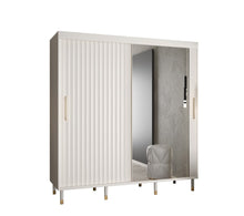 Load image into Gallery viewer, Avesta II Sliding Door Wardrobe 200cm Arte-N CALIPSO WAVE 2 200 B W200cm x H208cm x D62cm Colour: White Black Two Sliding Doors [One Mirrored] Two Hanging Rails Nine Shelves Optional Drawers [Purchased Separately] Gold Plastic Hles Wooden Legs Edges PVC Finished MDF Milled Front Made from 16mm high-quality laminated board Assembly Required Weight: 174kg Estimated Direct Home Delivery Time: 4-5 Weeks