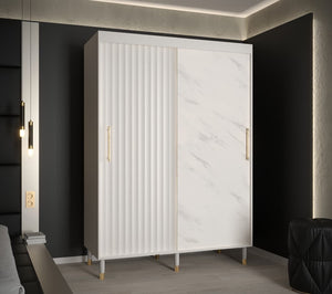 Avesta Sliding Door Wardrobe 150cm Arte-N CALIPSO WAVE MARM 150 B W150cm x H208cm x D62cm Colour: White Black Two Sliding Doors Two Hanging Rails Five Shelves Optional Drawers [Purchased Separately] Gold Plastic Hles Wooden Legs Edges PVC Finished MDF Milled Front Made from 16mm high-quality laminated board Assembly Required Weight: 131kg Estimated Direct Home Delivery Time: 4-5 Weeks