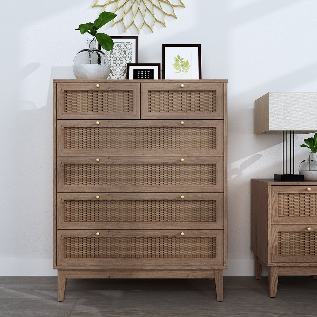 Bordeaux 6 Drawer Chest LPD BORD4+2 5036464073590 MDF Colour: Oak Dimensions: 1090mm x 850mm x 390mm Our new Bordeaux range will offer a modern yet boho vibe to your decor. Wooden framed pieces with on-trend rattan fronts, complete with gold fittings and handles to add that little extra luxe detail.