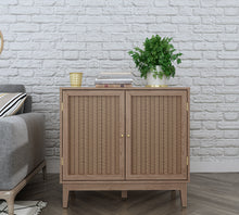 Load image into Gallery viewer, Bordeaux Small Sideboard LPD BORDSIDESML 5036464073651 MDF Colour: Oak Dimensions: 782mm x 842mm x 394mm Our new Bordeaux range will offer a modern yet boho vibe to your decor. Wooden framed pieces with on-trend rattan fronts, complete with gold fittings and handles to add that little extra luxe detail.