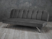 Load image into Gallery viewer, Brighton Sofa Bed Grey LPD BRIGHTGREY 5036464065458 Colour: Grey Dimensions: 760mm x 1800mm x 850mm The Brighton sofa bed makes an everyday item a little bit more extra. Upholstered with a soft and cosy velvet this sofa bed will look super sophisticated in any home. Coming in a shimmering grey the Brighton has considered all the details too, even with detail on the legs which are chrome silver so it will enhance the materials look. The Brighton will be a relaxing and comfortable piece of furniture whilst al