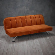 Load image into Gallery viewer, Brighton Sofa Bed Orange LPD BRIGHTORANGE 5036464065472 Colour: Orange Dimensions: 760mm x 1800mm x 850mm The Brighton sofa bed makes an everyday item a little bit more extra. Upholstered with a soft and cosy velvet this sofa bed will look super sophisticated in any home. Coming in a shimmering grey the Brighton has considered all the details too, even with detail on the legs which are chrome silver so it will enhance the materials look. The Brighton will be a relaxing and comfortable piece of furniture whi