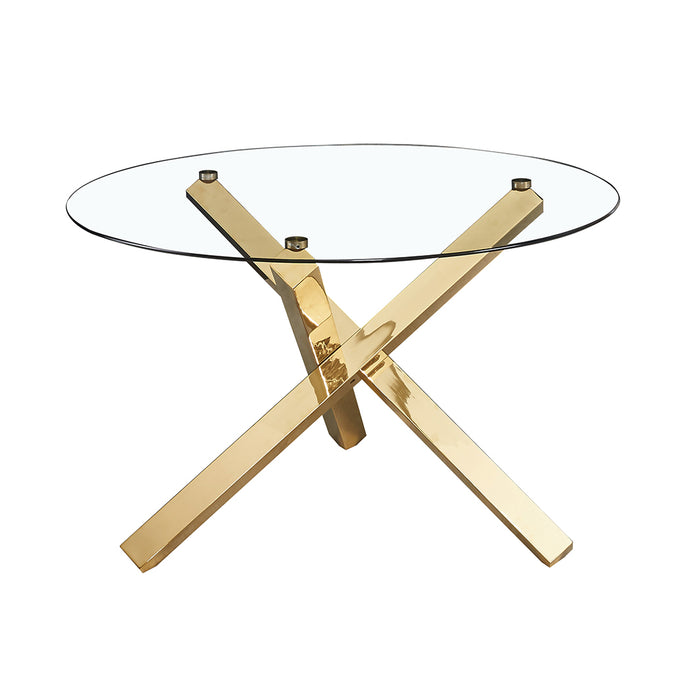 Capri Dining Table Glass Top With Gold Legs LPD CAPRITAB* 5036464063256 Metal Colour: Clear Dimensions: 758mm x 1200mm x 1200mm Add some dazzle to your dining area with our old school glamour Capri table, Gleaming gold finish legs with a clear glass table top, perfectly partnered with the velvet Lara chair that has a matching gold leg. The chairs are available in 4 rich jewel like colours, forest green, royal clue, vintage pink and ochre yellow. We are sure you will agree, this range will set your dining ro