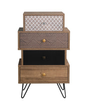 Load image into Gallery viewer, Casablanca 4 Drawer Chest LPD CASABL4DR 5036464066028 Colour: Brown Dimensions: 800mm x 480mm x 390mm The Casablanca Four Draw Chest consists of four drawers which are two different sizes, accessorised with handles and stands on black wired legs. The piece is constructed from particle board with a wood effect finish. The Casablanca consists of foils and prints to create a quirky look to a traditional piece of furniture which adds a contemporary feel to all interior. The classic colours used in the effects m