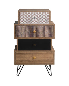 Casablanca 4 Drawer Chest LPD CASABL4DR 5036464066028 Colour: Brown Dimensions: 800mm x 480mm x 390mm The Casablanca Four Draw Chest consists of four drawers which are two different sizes, accessorised with handles and stands on black wired legs. The piece is constructed from particle board with a wood effect finish. The Casablanca consists of foils and prints to create a quirky look to a traditional piece of furniture which adds a contemporary feel to all interior. The classic colours used in the effects m