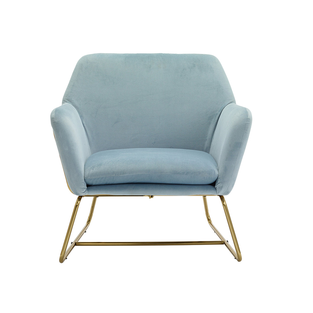 Charles Armchair Sky Blue LPD CHARLESBLUE 5036464067049 Velvet Colour: Blue Dimensions: 765mm x 755mm x 660mm Add a statement chair to your interior with our Charles chair sleek gold frame with plush velvet cushion.