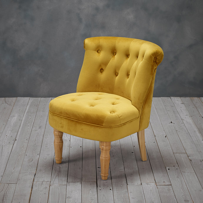 Charlotte Chair Mustard LPD CHARLMUST 5036464065977 Linen Fabric Colour: Mustard Dimensions: 690mm x 770mm x 640mm Using plush Velvet as a material, this golden mustard coloured Charlotte chair is traditional with a French feel aesthetic. The Charlotte will instantly add sophistication to any room, especially living and bedrooms and the elegant design will easily match all modern and traditional décor.