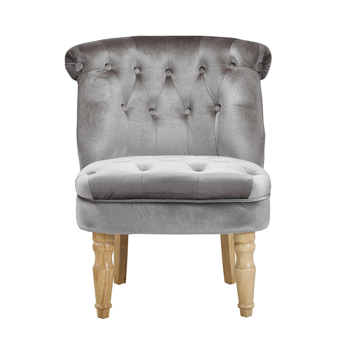 Charlotte Chair Silver LPD CHARLOTSILV 5036464025728 Velvet Colour: Silver Dimensions: 690mm x 770mm x 640mm Using plush Velvet as a material, this shining silver Charlotte chair is traditional with a French feel aesthetic. The Charlotte will instantly add sophistication to any room, especially living and bedrooms and the elegant design will easily match all modern and traditional décor.