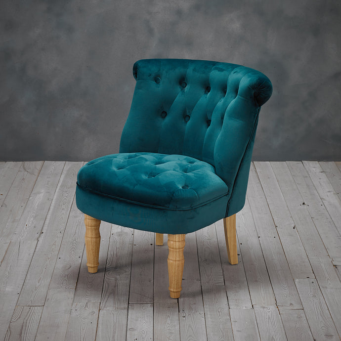 Charlotte Chair Teal LPD CHARLTEAL 5036464065960 Colour: Teal Dimensions: 690mm x 770mm x 640mm Using plush Velvet as a material, this beautiful teal coloured Charlotte chair is traditional with a French feel aesthetic. The Charlotte will instantly add sophistication to any room, especially living and bedrooms and the elegant design will easily match all modern and traditional décor.