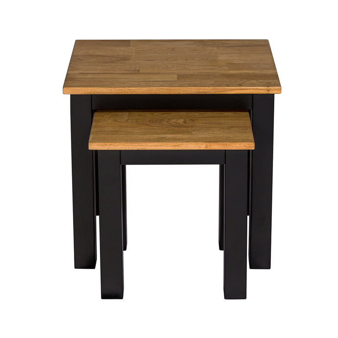Copenhagen Nest of Tables Black Frame-Oiled Wood LPD COPENNEST 5036464063553 Solid Oak Partial Vaneer Colour: Black Dimensions: 480mm x 500mm x 350mm The Copenhagen living and dining range is a beautiful range to introduce into any room. Constructed mainly from solid, finger jointed oak, its black painted finish and oiled wood creates striking look.
