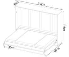 Load image into Gallery viewer, CP-05 Horizontal Wall Bed Concept 120cm Arte-N CONCEPT CP-05 G The medium-sized CP-05 has two long hles at the front for easier hling a self-holding feature for safety. It is equipped with a locking system to keep the bed secure within its cabinet comes packed with a pair of duvet straps so the user no longer needs to worry about an unmade bed. Its carcass is a solid, 22mm laminated board whilst the colour options include white matt, white gloss or grey matt. W215cm x H139cm x D46cm when folded D157cm when 
