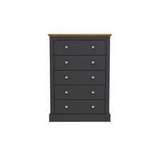 Load image into Gallery viewer, Devon 5 Drawer Chest Charcoal LPD DEV5DRCHA 5036464068633 Particle Board Colour: Charcoal Dimensions: 1119mm x 790mm x 395mm Introducing the Devon range of furniture. This bedroom range offers a traditional design. The Devon range comes in three stunning finishes. Oak/white, oak/charcoal and oak. This extensive range offers a timeless elegance to any home and at an extremely affordable price.