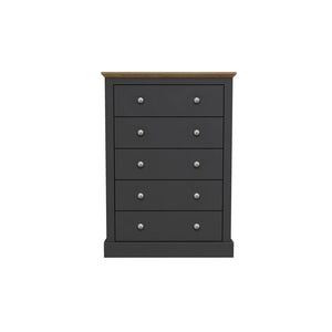 Devon 5 Drawer Chest Charcoal LPD DEV5DRCHA 5036464068633 Particle Board Colour: Charcoal Dimensions: 1119mm x 790mm x 395mm Introducing the Devon range of furniture. This bedroom range offers a traditional design. The Devon range comes in three stunning finishes. Oak/white, oak/charcoal and oak. This extensive range offers a timeless elegance to any home and at an extremely affordable price.