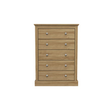 Load image into Gallery viewer, Devon 5 Drawer Chest Oak LPD DEV5DROAK 5036464068619 Particle Board Colour: Oak Dimensions: 1119mm x 790mm x 395mm Introducing the Devon range of furniture. This bedroom range offers a traditional design. The Devon range comes in three stunning finishes. Oak/white, oak/charcoal and oak. This extensive range offers a timeless elegance to any home and at an extremely affordable price.