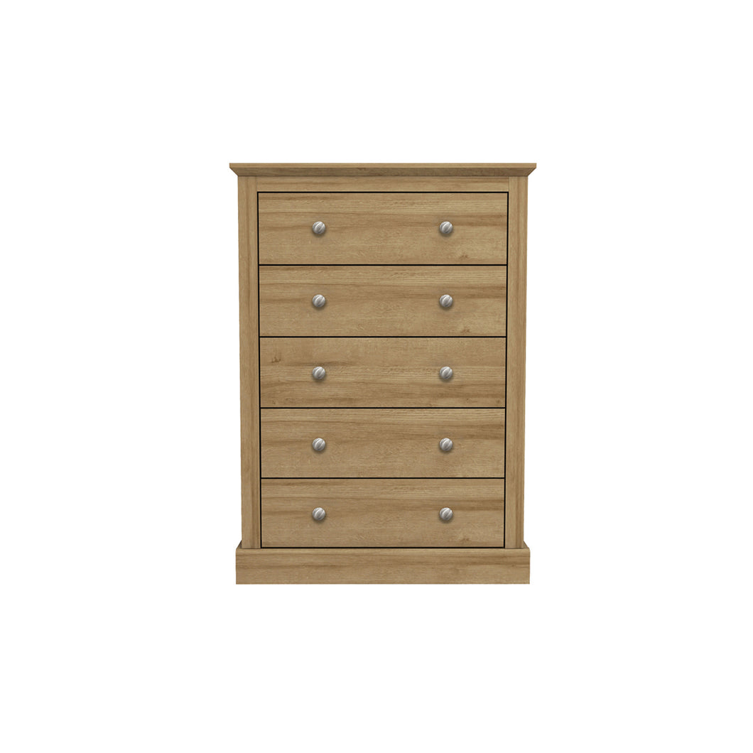 Devon 5 Drawer Chest Oak LPD DEV5DROAK 5036464068619 Particle Board Colour: Oak Dimensions: 1119mm x 790mm x 395mm Introducing the Devon range of furniture. This bedroom range offers a traditional design. The Devon range comes in three stunning finishes. Oak/white, oak/charcoal and oak. This extensive range offers a timeless elegance to any home and at an extremely affordable price.