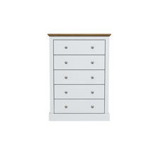 Load image into Gallery viewer, Devon 5 Drawer Chest White LPD DEV5DRWHI 5036464068626 Particle Board Colour: White Dimensions: 1119mm x 790mm x 395mm Introducing the Devon range of furniture. This bedroom range offers a traditional design. The Devon range comes in three stunning finishes. Oak/white, oak/charcoal and oak. This extensive range offers a timeless elegance to any home and at an extremely affordable price.